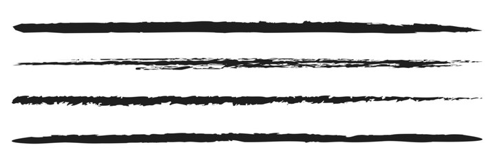 Charcoal pencil straight horizontal lines. Scribble black strokes vector set. Charcoal texture lines isolated on white background. Grunge smears, thin and thick chalk strokes, pencil&nbsp;dividers.