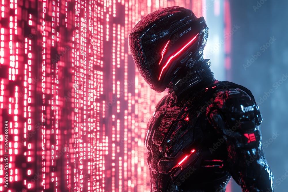 Poster cyberpunk robot navigates digital matrix code streams mysteriously in neon glow