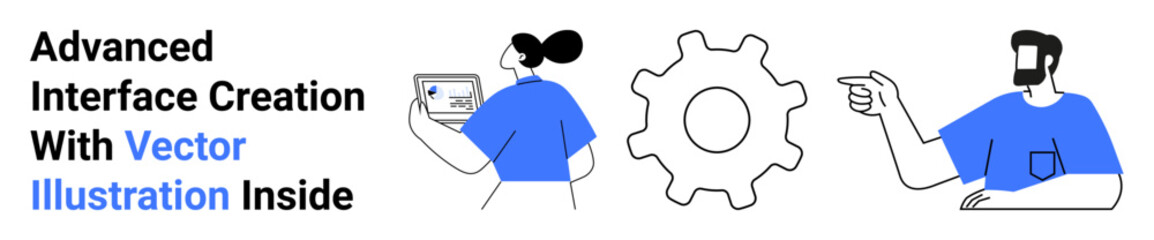 Team members engaging in interface development, using digital screens and gear icon. Ideal for teamwork, technology, innovation, collaboration, design, planning, UIUX projects flat landing page