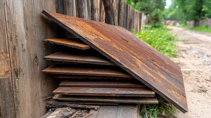 Obraz premium Rusty Metal Sheets Stacked on Dirt Pathway Surrounded by Nature