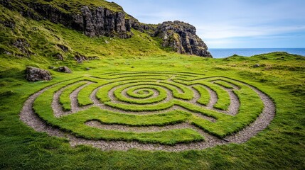 Naklejka premium Labyrinth Design on Green Grass with Ocean View and Cliffs