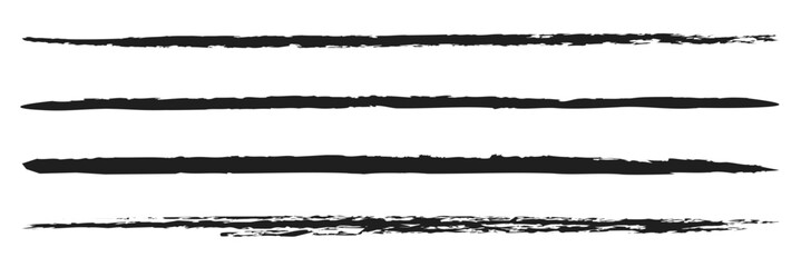 Charcoal pencil straight horizontal lines. Scribble black strokes vector set. Charcoal texture lines isolated on white background. Grunge smears, thin and thick chalk strokes, pencil dividers.