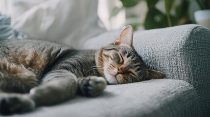 Various cat breeds napping in different settings like a couch and garden. Featuring diverse felines in relaxed poses. Showcasing comfort and different environments. Ideal for pet relaxation themes.