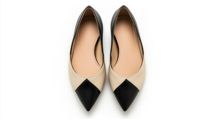 Fototapeta premium Flat shoes with black and beige color blocks, isolated on a white background. flat lay view from the front side of a women's