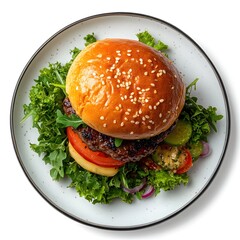 Delicious burger with sesame bun and fresh salad on a plate top view gourmet meal