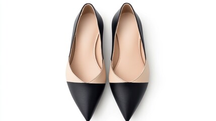Flat shoes with black and beige color blocks, isolated on a white background. flat lay view from the front side of a women's