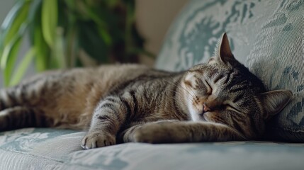 Various cat breeds napping in different settings like a couch and garden. Featuring diverse felines in relaxed poses. Showcasing comfort and different environments. Ideal for pet relaxation themes.