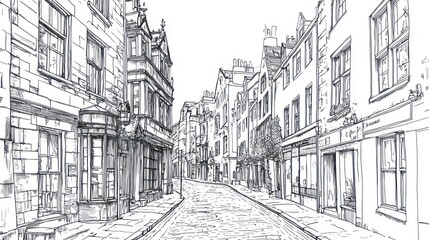Edinburgh street sketch, cobblestone road, old buildings, quiet day, travel guide illustration