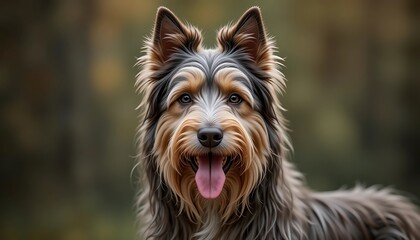 Adorable Happy Fluffy Dog Portrait, Tri-Color Coat, Long Hair,  Smiling,  Close-up,  Outdoor Setting,  Autumn Background, Pet Photography