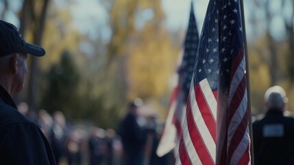 Memorial ceremony with veterans and flags. Honoring those who served. Ideal for commemorative content.