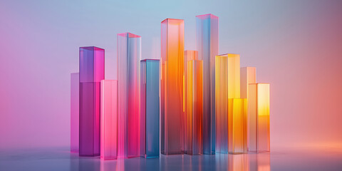 vibrant glassmorphic bar graph with upward growth, showcasing colorful transparent bars in shades of pink, blue, and orange against soft gradient background