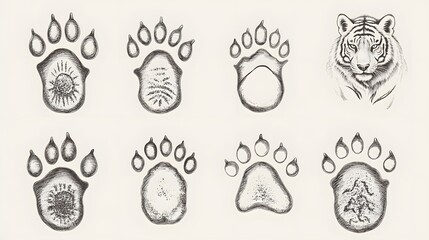 Realistic depiction of a tiger with its paw prints collection
