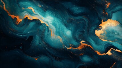 Abstract background with flowing liquid marble patterns and rich color swirls. Featuring deep blues, greens, and gold. Ideal for sophisticated design themes.