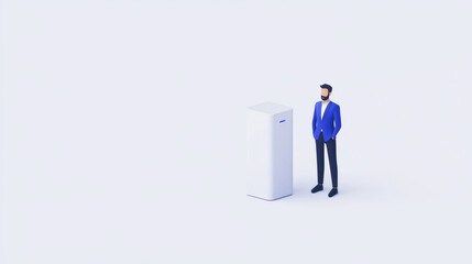 man in blue suit stands next to modern refrigerator, showcasing technology