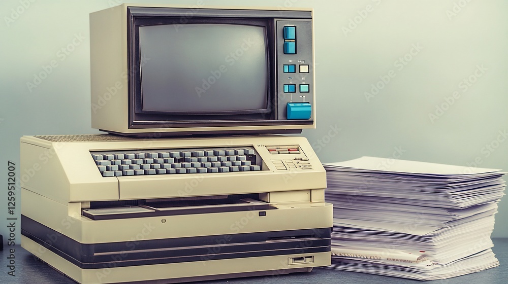 Poster vintage computer and stack of papers: a retro computing scene