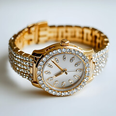 A women's wristwatch with rhinestones and a gold bracelet, displayed on a white background