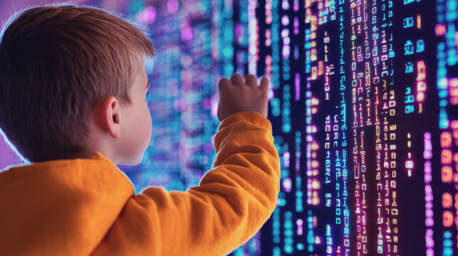 child interacting with colorful digital display, exploring technology and coding