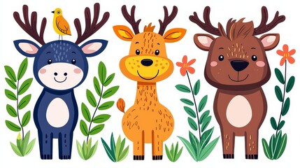 Obraz premium Playful Illustrated Forest Animals with Vibrant Colors and Plants