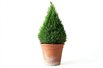 Conical cypress tree in terracotta pot, white background, gardening