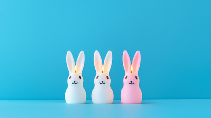 Fototapeta premium Cute bunny shaped candles in pastel colors on blue background