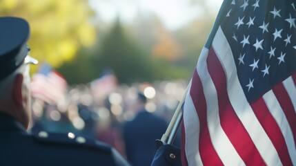 Veterans Day 2024 memorial service with a solemn flag ceremony. Highlighting commemoration and military honor. Suitable for memorial content. Flag folding with crowd in background.