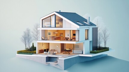 Modern cutaway house architectural design with interior rooms and landscaping.