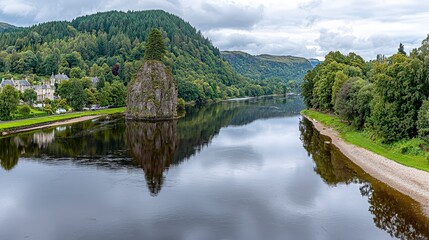 Fototapeta premium Serene Landscape of River and Green Hills Under Cloudy Sky