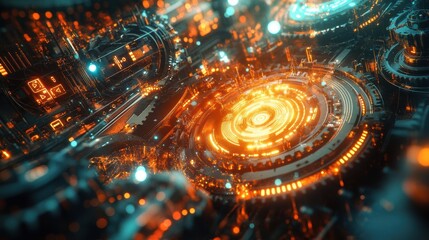 Futuristic Cyberpunk Technology Abstract Orange and Teal Glowing Circuit Board Design