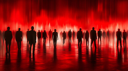 Fototapeta premium Silhouette Crowd Walking In Red Light Abstract Background and Keywords are Silhouette, Crowd, People, Walking, Red, Light, Abstract, Background, Night, Dark, Mysterious, Digital Art, Surreal, Mass