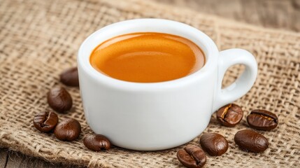 Freshly Brewed Espresso in a White Cup with Coffee Beans Nearby