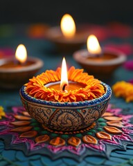 Festive Diwali Celebration with Glowing Oil Lamps and Flower Decoration in Artistic Style