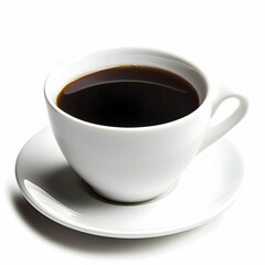 Black coffee cup, saucer, white background, morning drink