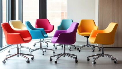 Fototapeta premium Colorful Swivel Office Chairs on Wheels Roll Smoothly Enhancing Modern Workspace Design.
