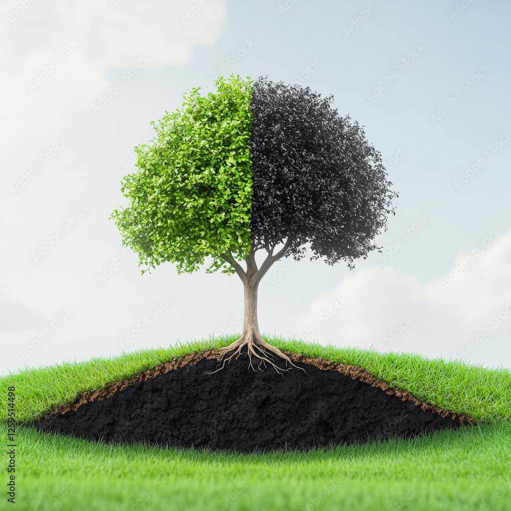 Poster a symbolic tree with one half covered in soot and the other lush and green.