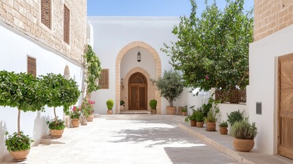 Naklejka premium Courtyard entrance, sunny day, Mediterranean architecture, potted plants