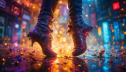 Stylish Woman's Glittery Boots Dancing in Vibrant Night City