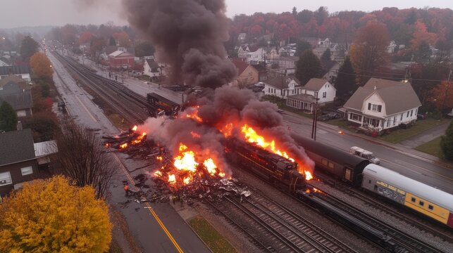 Aerial view of fiery train crash in suburban town