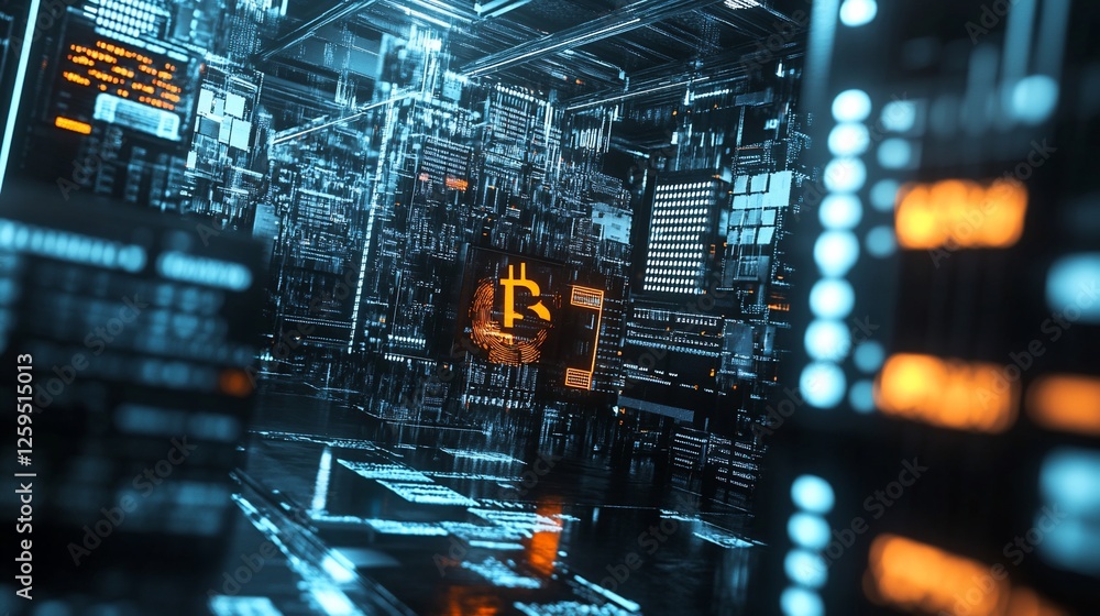 Poster bitcoin network: digital currency in a futuristic techscape