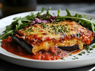 Delicious Eggplant Parmesan with Fresh Arugula Salad on a White Plate Italian Cuisine