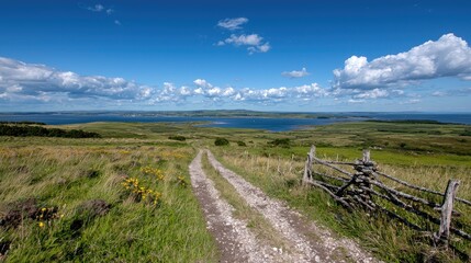 Fototapeta premium Panoramic view of a country road leading to a lake with distant island; scenic landscape photo