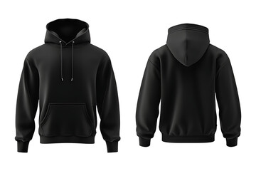 Black blank hoodie front and back view mockup. Fashionable hoodie template from two sides isolated on transparent and white background