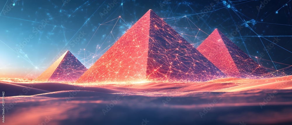 Poster futuristic pyramids in desert landscape with digital network connection and glowing light