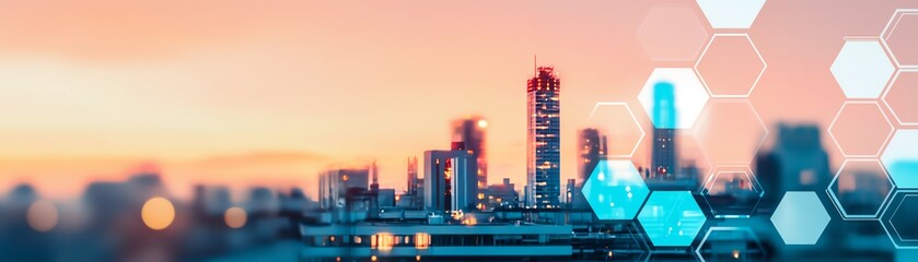 Fototapeta premium Modern skyline with digital overlay and sunset.