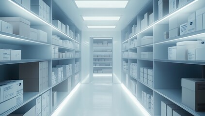 Obraz premium Modern Warehouse: Efficient Storage System with Illuminated Shelves and Organized Boxes