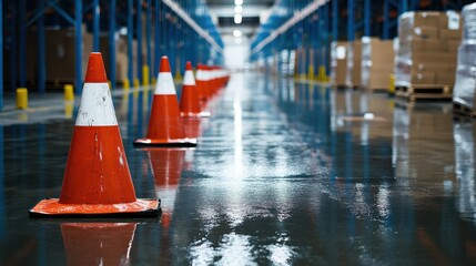 Safety measures in warehouse environment wet floor with traffic cones industrial setting perspective view alertness concept