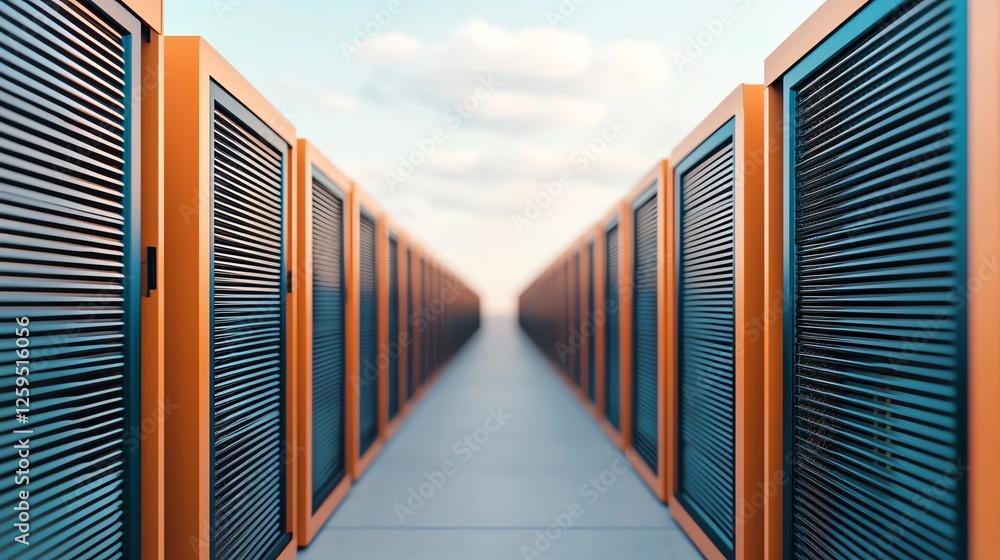 Poster server racks in a data center corridor.