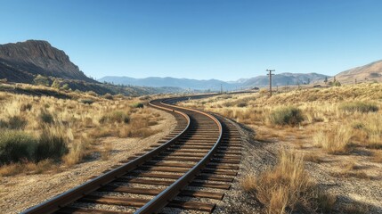 Fototapeta premium Winding train tracks curving through serene landscape remote location nature scene clear sky horizon view tranquility concept