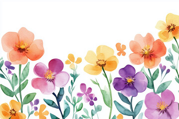 Fototapeta premium Watercolor illustration, spring colorful wild flowers. Red, yellow and purple flowers, green leaves and plants on a white background. Aquarelle sketch. Blurred paint stains. Frame, border, copyspace.
