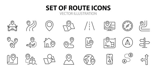 Route web icons in line style. Navigation, location, route map, traffic, pin,  collection. Vector illustration.