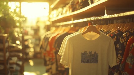 Fototapeta premium Sunlit Clothing Store Interior with Hanging T-Shirts and Warm Ambiance in a Fashionable Boutique Setting